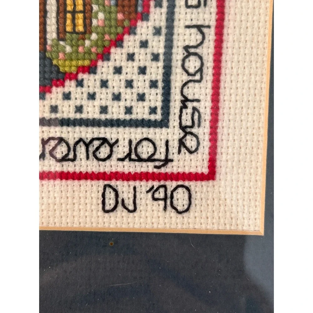 Vintage 1990 Handmade Cross Stitch Framed Wall Art House Blessing Gold Nielsen